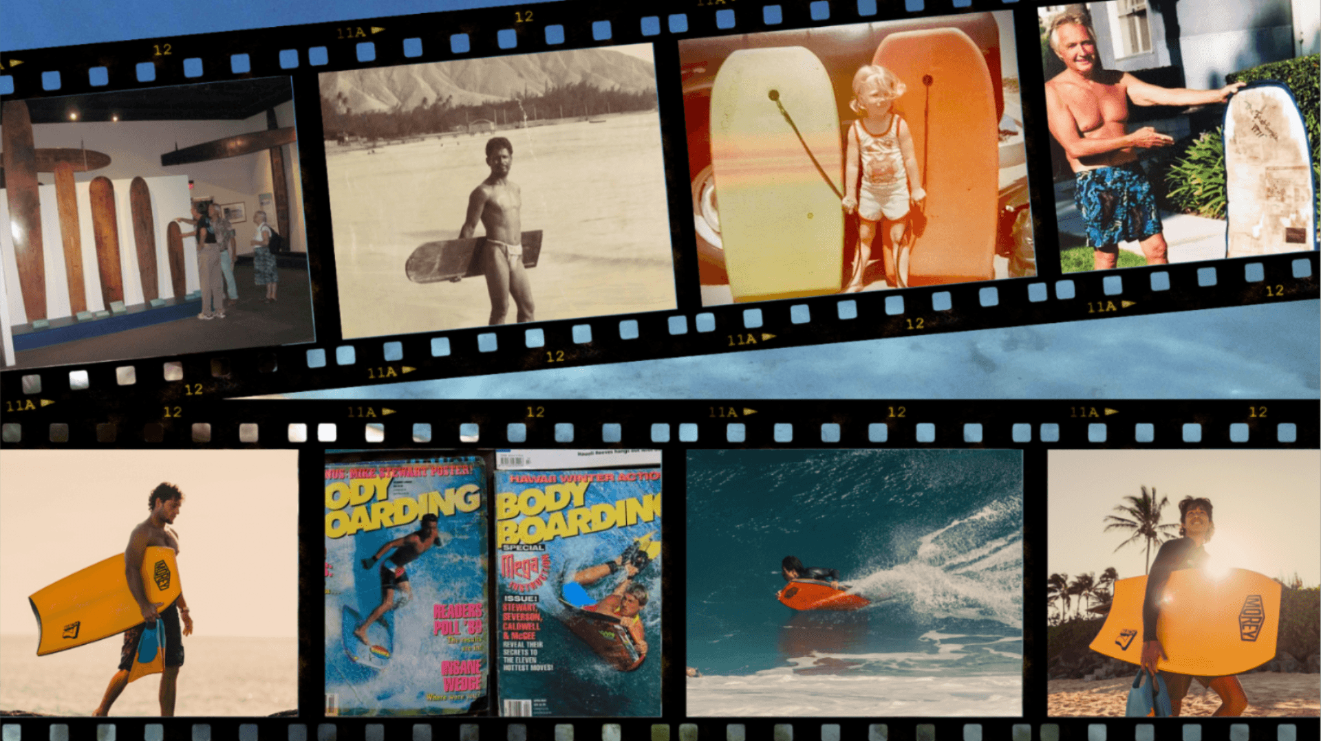 Collage of vintage and modern bodyboarding photos, boards, and riders on the beach and in waves