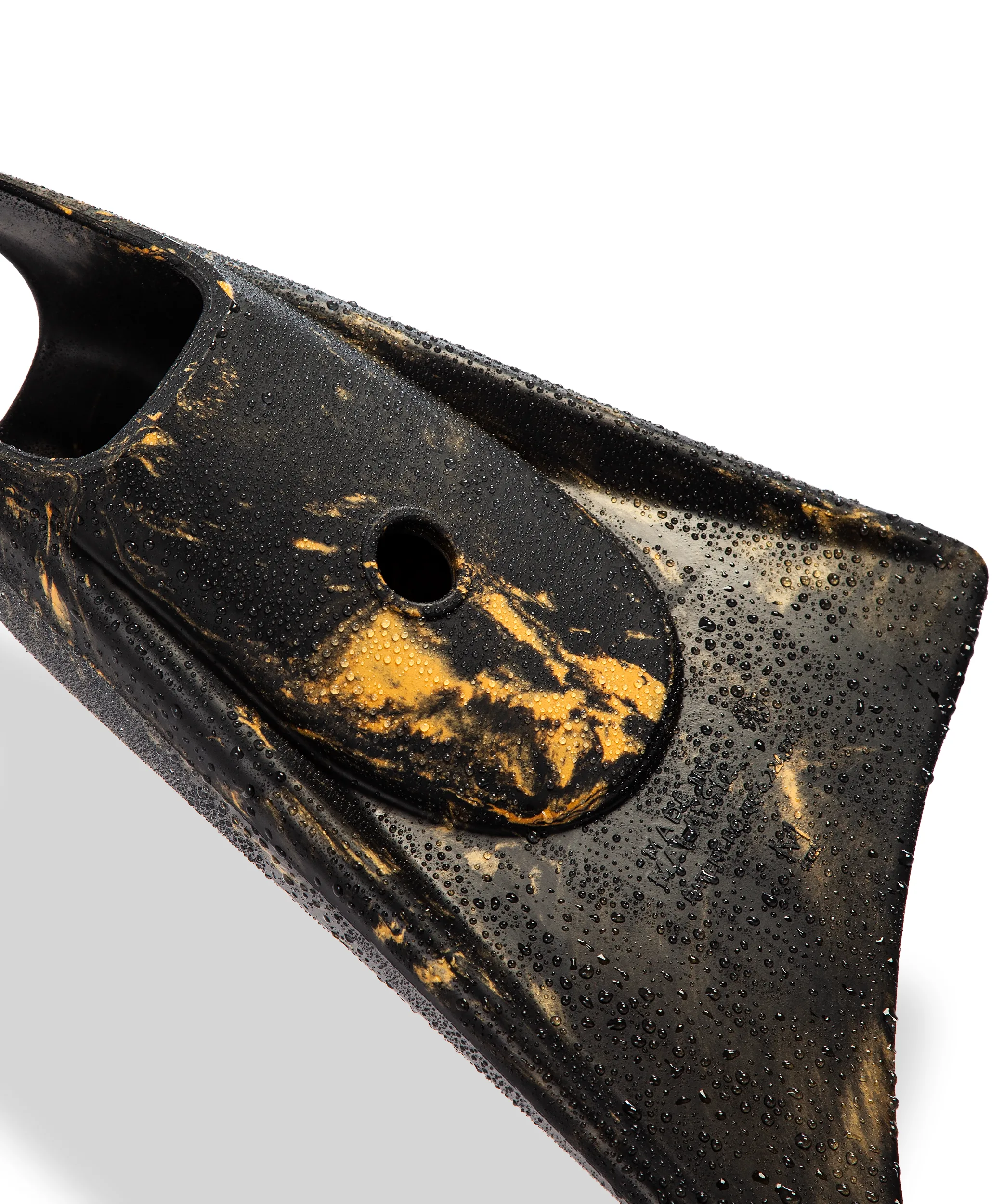 Black and gold swimfin with water droplets, showcasing durable design for swimming