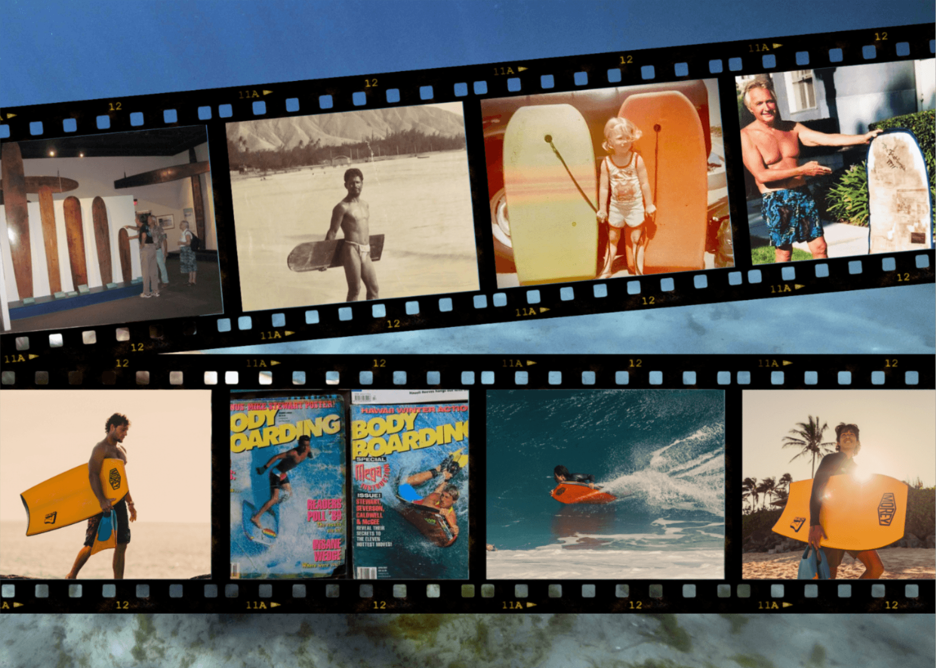 Collage of vintage and modern bodyboarding photos, boards, and riders on the beach and in waves
